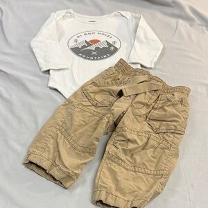 Old Navy - White Graphic Long sleeve Onesie and Tan Pants Set